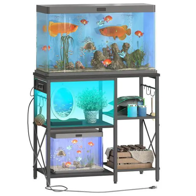 Alt view image 7 of 7 - Fish Tank Stand with Power Outlet and LED Light, 20-29-37 Gallon Aquarium Stand with Storage Shelves, 30.7" L x 13.8" W, Reptile Tank Stand with Stable Metal Frame, Black BK80UDFT01G1