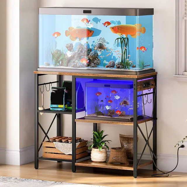 Main image of Fish Tank Stand with Power Outlet and LED Light, 20-29-37 Gallon Aquarium Stand with Storage Shelves, 30.7" L x 13.8" W, Reptile Tank Stand with Stable Metal Frame, Rustic Brown BF80UDFT01G1