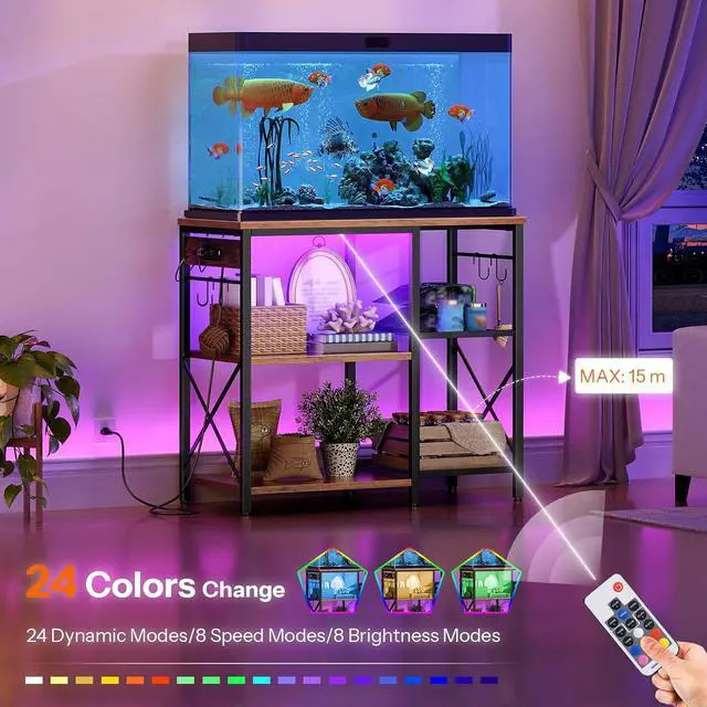 Alt view image 4 of 7 - Fish Tank Stand with Power Outlet and LED Light, 20-29-37 Gallon Aquarium Stand with Storage Shelves, 30.7" L x 13.8" W, Reptile Tank Stand with Stable Metal Frame, Rustic Brown BF80UDFT01G1