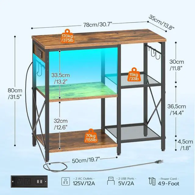 Alt view image 2 of 7 - Fish Tank Stand with Power Outlet and LED Light, 20-29-37 Gallon Aquarium Stand with Storage Shelves, 30.7" L x 13.8" W, Reptile Tank Stand with Stable Metal Frame, Rustic Brown BF80UDFT01G1