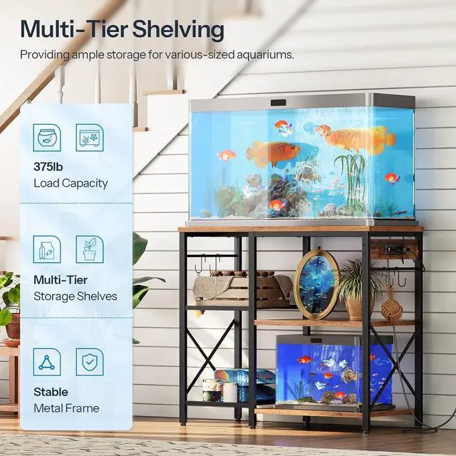 Alt view image 5 of 7 - Fish Tank Stand with Power Outlet and LED Light, 20-29-37 Gallon Aquarium Stand with Storage Shelves, 30.7" L x 13.8" W, Reptile Tank Stand with Stable Metal Frame, Rustic Brown BF80UDFT01G1