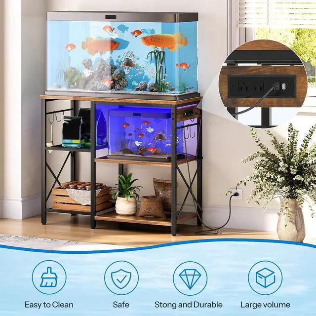 Alt view image 6 of 7 - Fish Tank Stand with Power Outlet and LED Light, 20-29-37 Gallon Aquarium Stand with Storage Shelves, 30.7" L x 13.8" W, Reptile Tank Stand with Stable Metal Frame, Rustic Brown BF80UDFT01G1
