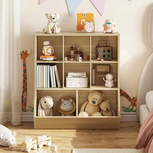 Alt view image 2 of 7 - Kids Bookshelf, Toy Storage Organzier with 8 Cubicles, Bookcase Footboard, Bookshelf for Kids, for Playroom, Nursery, Bedroom, and School, Natural NL35CW01G1