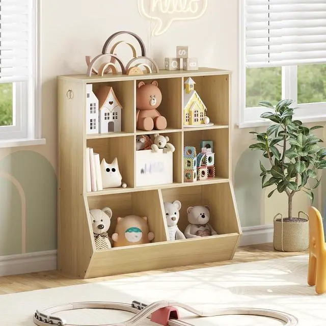 Alt view image 4 of 7 - Kids Bookshelf, Toy Storage Organzier with 8 Cubicles, Bookcase Footboard, Bookshelf for Kids, for Playroom, Nursery, Bedroom, and School, Natural NL35CW01G1