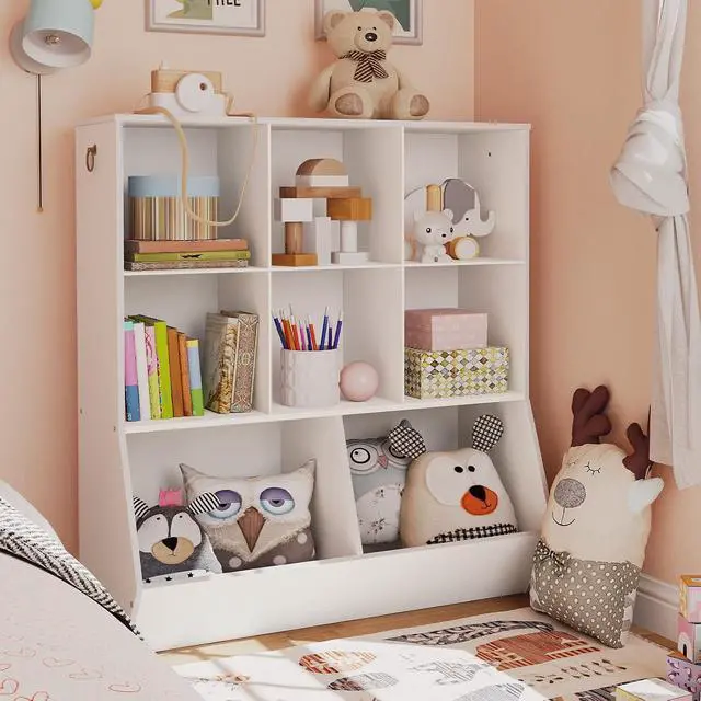 Alt view image 4 of 7 - Kids Bookshelf, Toy Storage Organzier with 8 Cubicles, Bookcase Footboard, Bookshelf for Kids, for Playroom, Nursery, Bedroom, and School, White WT35CW01G1