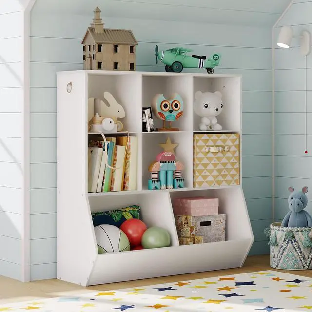 Alt view image 6 of 7 - Kids Bookshelf, Toy Storage Organzier with 8 Cubicles, Bookcase Footboard, Bookshelf for Kids, for Playroom, Nursery, Bedroom, and School, White WT35CW01G1