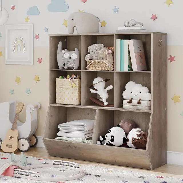 Alt view image 2 of 7 - Kids Bookshelf, Toy Storage Cabinet, Kids Toy Organizer, 8 Cubicles, Bookcase Footboard, Bookshelf for Kids, for Playroom, Bedroom, Nursery, School, Greige BG35CW01G1