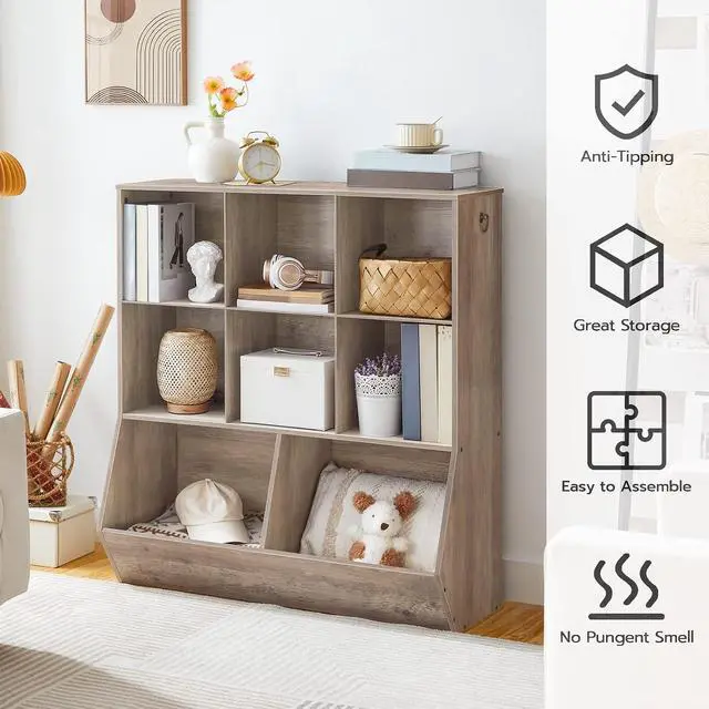 Alt view image 5 of 7 - Kids Bookshelf, Toy Storage Cabinet, Kids Toy Organizer, 8 Cubicles, Bookcase Footboard, Bookshelf for Kids, for Playroom, Bedroom, Nursery, School, Greige BG35CW01G1