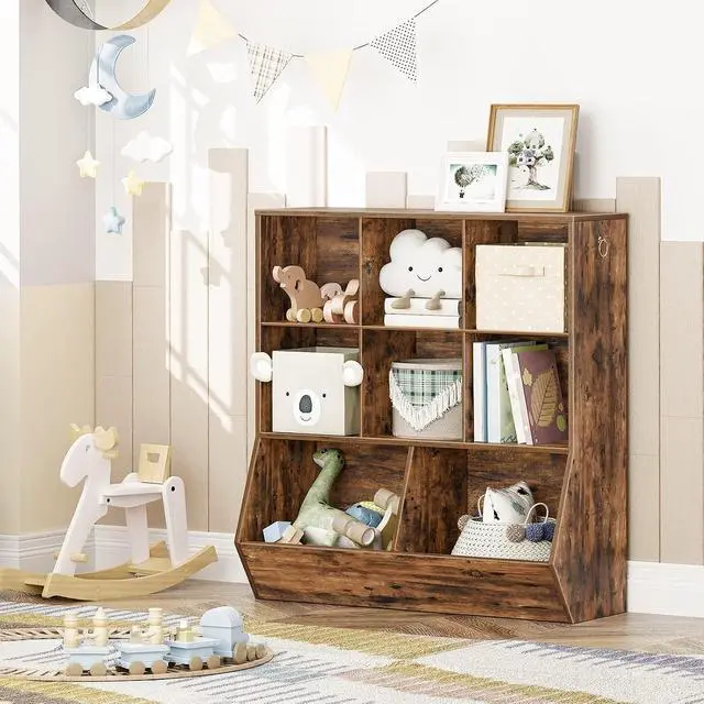 Alt view image 2 of 7 - Kids Bookshelf, Toy Storage Cabinet, Kids Toy Organizer, 8 Cubicles, Bookcase Footboard, Bookshelf for Kids, for Playroom, Bedroom, Nursery, School, Rustic Brown FG35CW01G1
