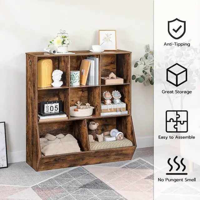 Alt view image 5 of 7 - Kids Bookshelf, Toy Storage Cabinet, Kids Toy Organizer, 8 Cubicles, Bookcase Footboard, Bookshelf for Kids, for Playroom, Bedroom, Nursery, School, Rustic Brown FG35CW01G1