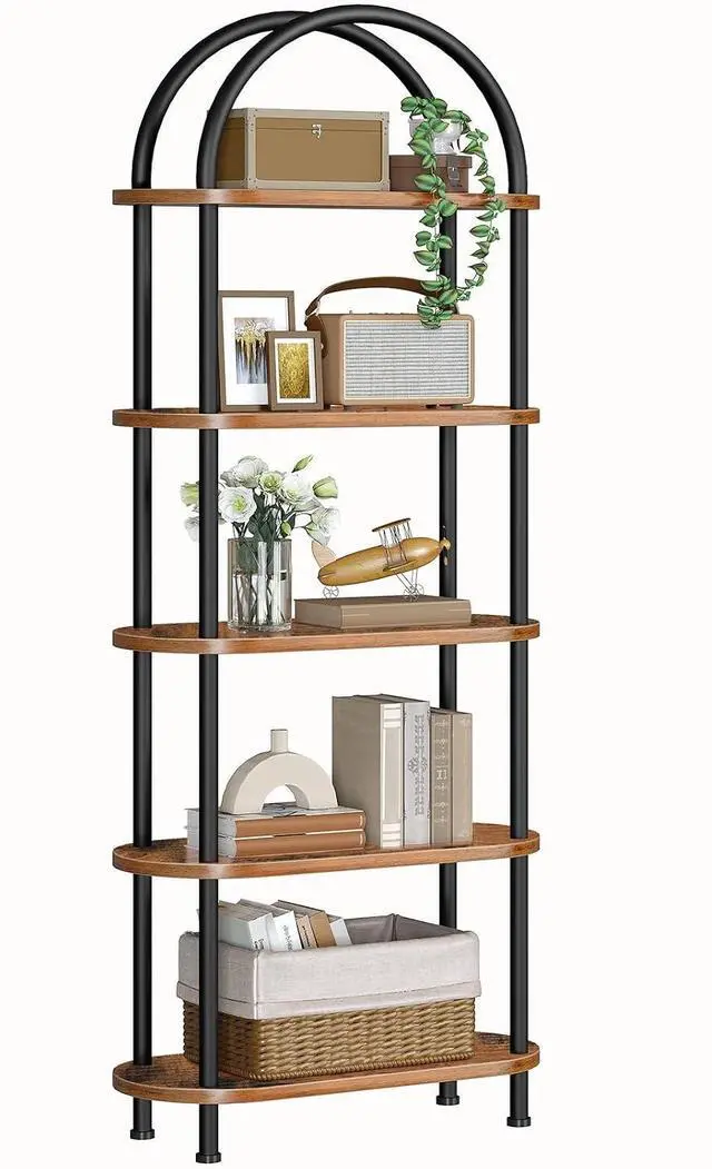 Main image of 5 Tier Open Bookshelf, Industrial Arched Bookcase Display Shelf Rack, Wooden Bookcase Storage Shelf Metal Frame, Tall Storage Organizer for Home, Easy Assembly, Rustic Brown BF176SJ01