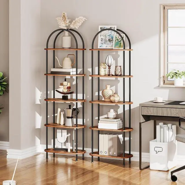 Alt view image 2 of 7 - 5 Tier Open Bookshelf, Industrial Arched Bookcase Display Shelf Rack, Wooden Bookcase Storage Shelf Metal Frame, Tall Storage Organizer for Home, Easy Assembly, Rustic Brown BF176SJ01