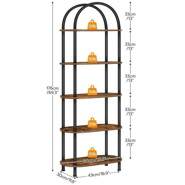 Alt view image 3 of 7 - 5 Tier Open Bookshelf, Industrial Arched Bookcase Display Shelf Rack, Wooden Bookcase Storage Shelf Metal Frame, Tall Storage Organizer for Home, Easy Assembly, Rustic Brown BF176SJ01