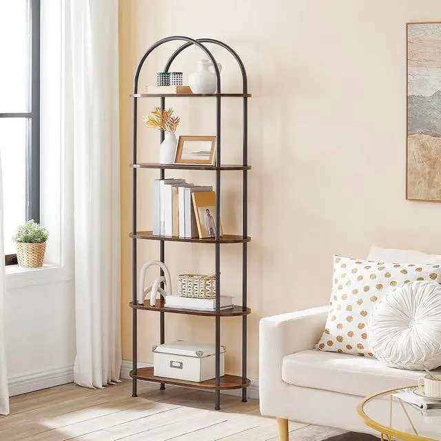 Alt view image 4 of 7 - 5 Tier Open Bookshelf, Industrial Arched Bookcase Display Shelf Rack, Wooden Bookcase Storage Shelf Metal Frame, Tall Storage Organizer for Home, Easy Assembly, Rustic Brown BF176SJ01
