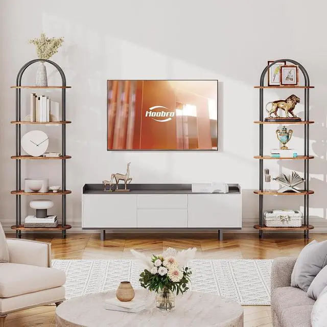 Alt view image 7 of 7 - 5 Tier Open Bookshelf, Industrial Arched Bookcase Display Shelf Rack, Wooden Bookcase Storage Shelf Metal Frame, Tall Storage Organizer for Home, Easy Assembly, Rustic Brown BF176SJ01