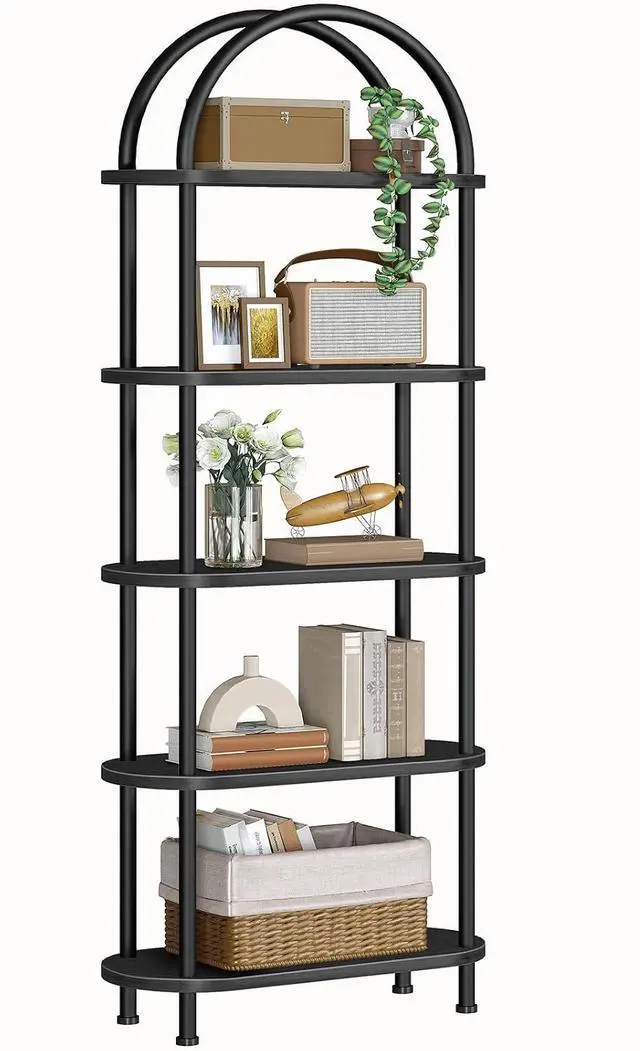 Main image of 5 Tier Open Bookshelf, Industrial Arched Bookcase Display Shelf Rack, Wooden Bookcase Storage Shelf Metal Frame, Tall Storage Organizer for Home, Easy Assembly, Black BB176SJ01