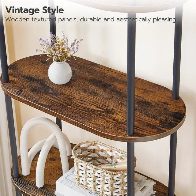 Alt view image 6 of 7 - 5 Tier Open Bookshelf, Industrial Arched Bookcase Display Shelf Rack, Wooden Bookcase Storage Shelf Metal Frame, Tall Storage Organizer for Home, Easy Assembly, Rustic Brown BF176SJ01