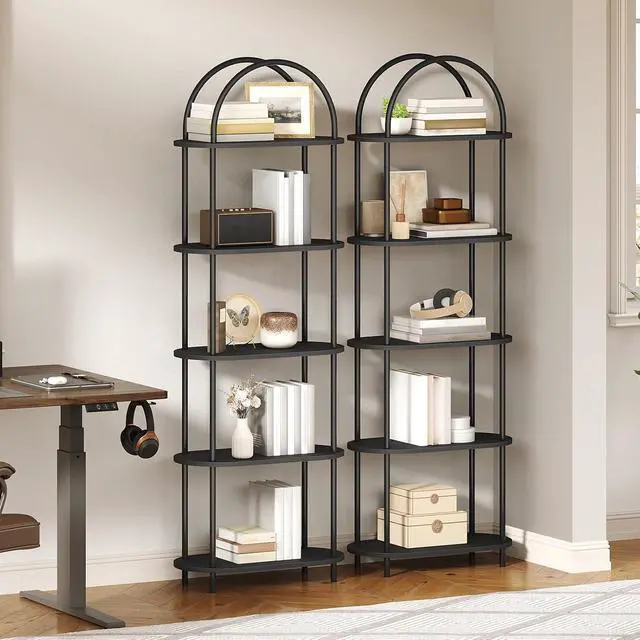 Alt view image 2 of 7 - 5 Tier Open Bookshelf, Industrial Arched Bookcase Display Shelf Rack, Wooden Bookcase Storage Shelf Metal Frame, Tall Storage Organizer for Home, Easy Assembly, Black BB176SJ01