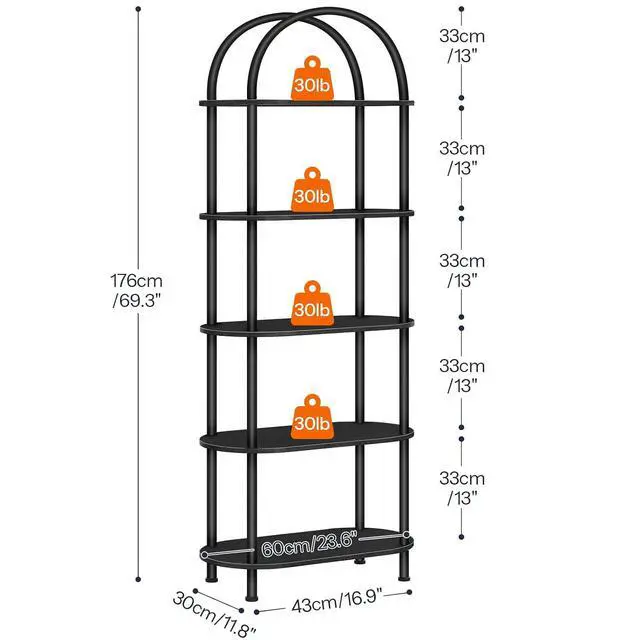 Alt view image 3 of 7 - 5 Tier Open Bookshelf, Industrial Arched Bookcase Display Shelf Rack, Wooden Bookcase Storage Shelf Metal Frame, Tall Storage Organizer for Home, Easy Assembly, Black BB176SJ01