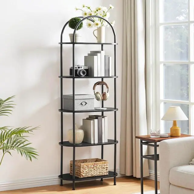 Alt view image 4 of 7 - 5 Tier Open Bookshelf, Industrial Arched Bookcase Display Shelf Rack, Wooden Bookcase Storage Shelf Metal Frame, Tall Storage Organizer for Home, Easy Assembly, Black BB176SJ01
