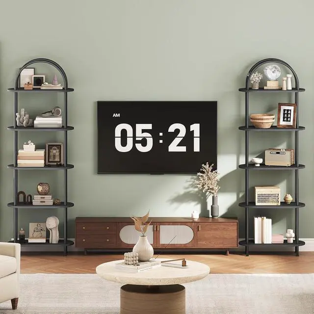 Alt view image 7 of 7 - 5 Tier Open Bookshelf, Industrial Arched Bookcase Display Shelf Rack, Wooden Bookcase Storage Shelf Metal Frame, Tall Storage Organizer for Home, Easy Assembly, Black BB176SJ01