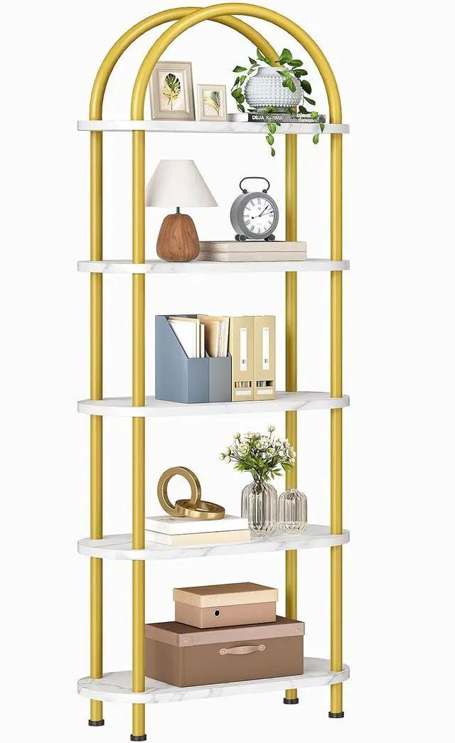 Main image of 5 Tier Open Bookshelf, Industrial Arched Bookcase Display Shelf Rack, Wooden Bookcase Storage Shelf Metal Frame, Tall Storage Organizer for Home, Easy Assembly, Gold DM176SJ01