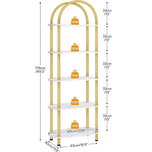 Alt view image 3 of 7 - 5 Tier Open Bookshelf, Industrial Arched Bookcase Display Shelf Rack, Wooden Bookcase Storage Shelf Metal Frame, Tall Storage Organizer for Home, Easy Assembly, Gold DM176SJ01