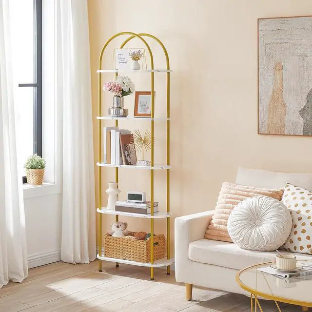 Alt view image 2 of 7 - 5 Tier Open Bookshelf, Industrial Arched Bookcase Display Shelf Rack, Wooden Bookcase Storage Shelf Metal Frame, Tall Storage Organizer for Home, Easy Assembly, Gold DM176SJ01