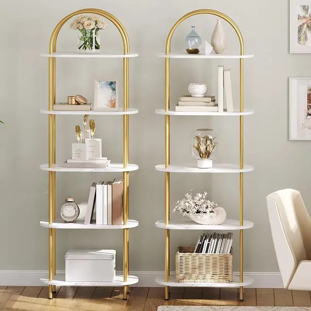 Alt view image 5 of 7 - 5 Tier Open Bookshelf, Industrial Arched Bookcase Display Shelf Rack, Wooden Bookcase Storage Shelf Metal Frame, Tall Storage Organizer for Home, Easy Assembly, Gold DM176SJ01