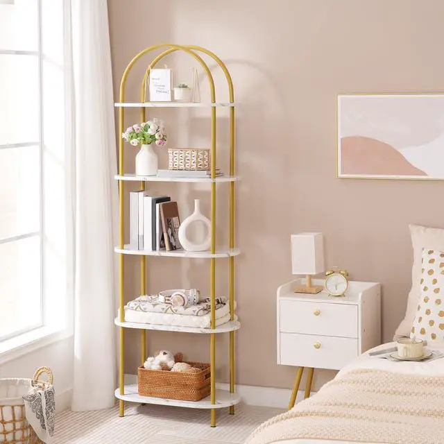 Alt view image 7 of 7 - 5 Tier Open Bookshelf, Industrial Arched Bookcase Display Shelf Rack, Wooden Bookcase Storage Shelf Metal Frame, Tall Storage Organizer for Home, Easy Assembly, Gold DM176SJ01