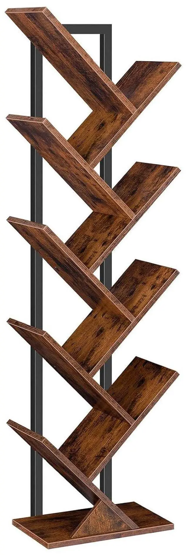 Main image of Tree Bookshelf, 9-Tier Bookcase Wooden Shelves, Floor Standing Storage Rack, for Display of CDs, Books in Living Room, Home Office, Wood Storage Rack for Bedroom, Rustic Brown BF08SJ01G1