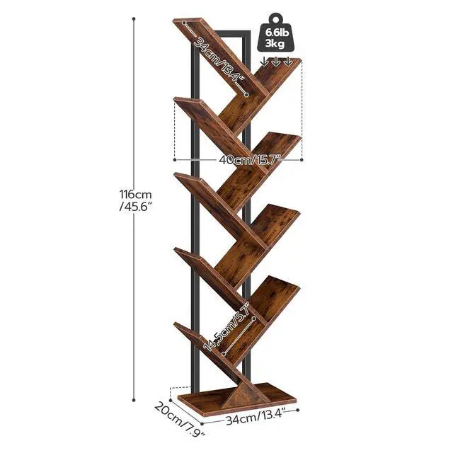 Alt view image 3 of 7 - Tree Bookshelf, 9-Tier Bookcase Wooden Shelves, Floor Standing Storage Rack, for Display of CDs, Books in Living Room, Home Office, Wood Storage Rack for Bedroom, Rustic Brown BF08SJ01G1