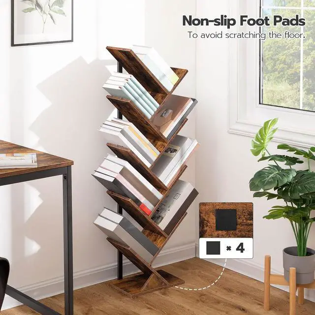 Alt view image 4 of 7 - Tree Bookshelf, 9-Tier Bookcase Wooden Shelves, Floor Standing Storage Rack, for Display of CDs, Books in Living Room, Home Office, Wood Storage Rack for Bedroom, Rustic Brown BF08SJ01G1