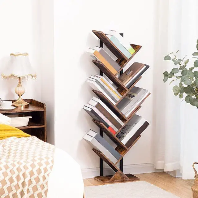 Alt view image 5 of 7 - Tree Bookshelf, 9-Tier Bookcase Wooden Shelves, Floor Standing Storage Rack, for Display of CDs, Books in Living Room, Home Office, Wood Storage Rack for Bedroom, Rustic Brown BF08SJ01G1