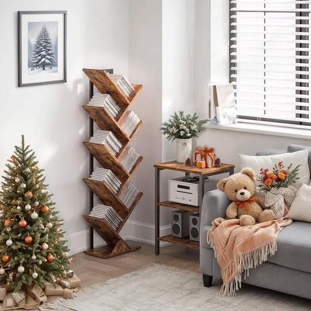 Alt view image 2 of 7 - Tree Bookshelf, 9-Tier Bookcase Wooden Shelves, Floor Standing Storage Rack, for Display of CDs, Books in Living Room, Home Office, Wood Storage Rack for Bedroom, Rustic Brown BF08SJ01G1