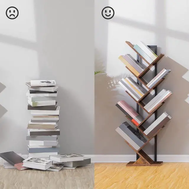 Alt view image 6 of 7 - Tree Bookshelf, 9-Tier Bookcase Wooden Shelves, Floor Standing Storage Rack, for Display of CDs, Books in Living Room, Home Office, Wood Storage Rack for Bedroom, Rustic Brown BF08SJ01G1