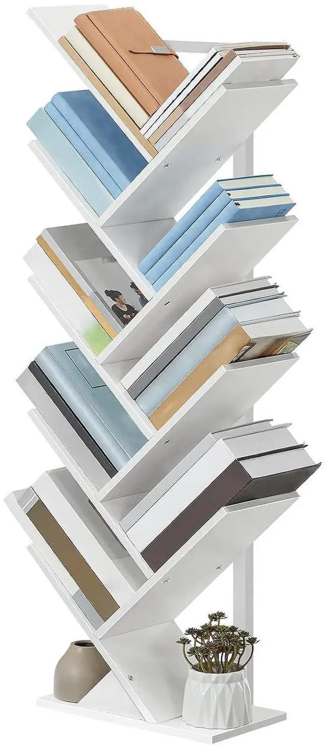 Main image of Tree Bookshelf, 9-Tier Bookcase Wooden Shelves, Floor Standing Storage Rack, for Display of CDs, Books in Living Room, Home Office, Wood Storage Rack for Bedroom, White WT08SJ01G1