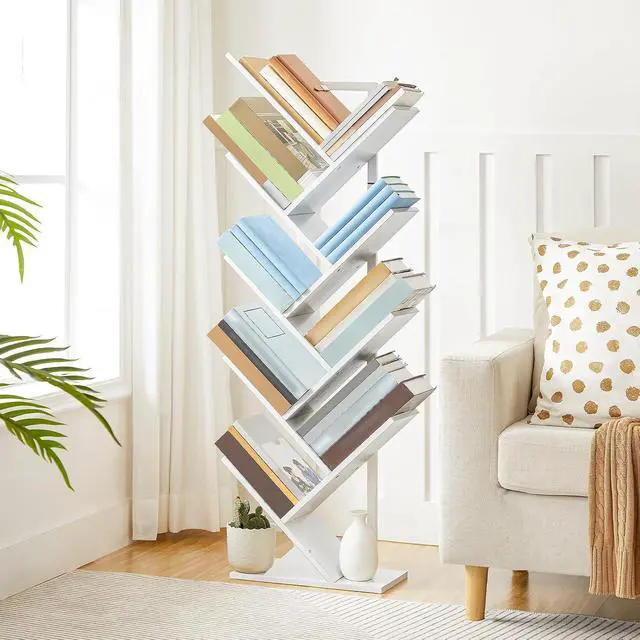 Alt view image 2 of 7 - Tree Bookshelf, 9-Tier Bookcase Wooden Shelves, Floor Standing Storage Rack, for Display of CDs, Books in Living Room, Home Office, Wood Storage Rack for Bedroom, White WT08SJ01G1