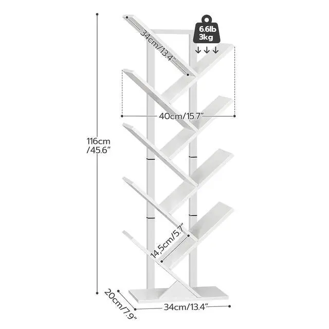 Alt view image 3 of 7 - Tree Bookshelf, 9-Tier Bookcase Wooden Shelves, Floor Standing Storage Rack, for Display of CDs, Books in Living Room, Home Office, Wood Storage Rack for Bedroom, White WT08SJ01G1