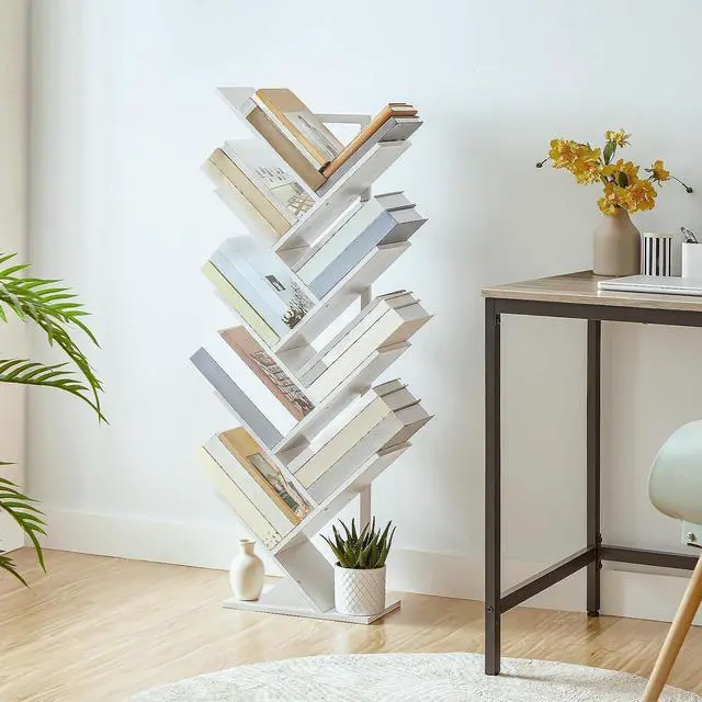 Alt view image 4 of 7 - Tree Bookshelf, 9-Tier Bookcase Wooden Shelves, Floor Standing Storage Rack, for Display of CDs, Books in Living Room, Home Office, Wood Storage Rack for Bedroom, White WT08SJ01G1
