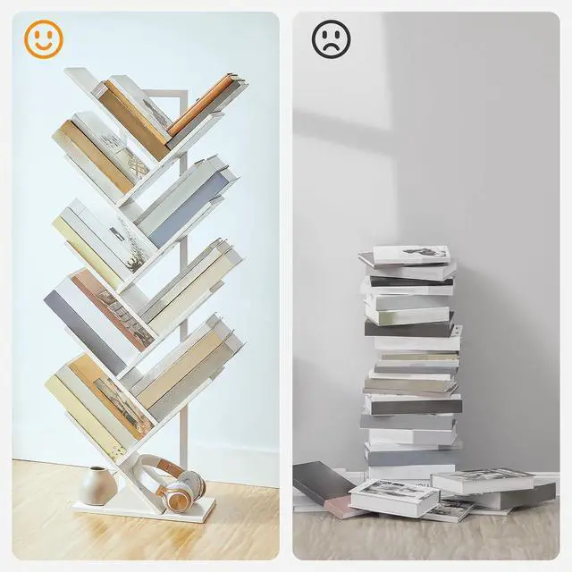 Alt view image 5 of 7 - Tree Bookshelf, 9-Tier Bookcase Wooden Shelves, Floor Standing Storage Rack, for Display of CDs, Books in Living Room, Home Office, Wood Storage Rack for Bedroom, White WT08SJ01G1