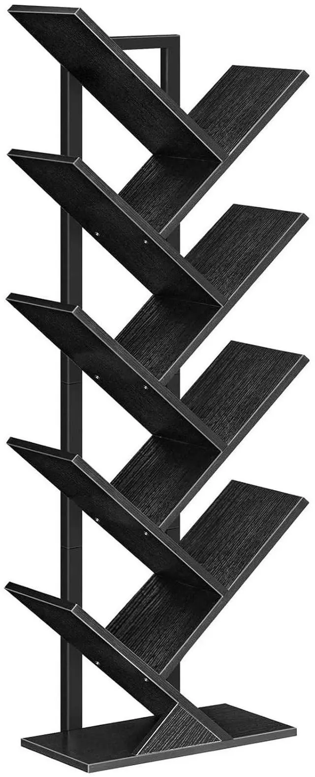 Main image of Tree Bookshelf, 9-Tier Bookcase Wooden Shelves, Floor Standing Storage Rack, for Display of CDs, Books in Living Room, Home Office, Wood Storage Rack for Bedroom, Black BB08SJ01G1