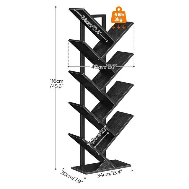 Alt view image 3 of 7 - Tree Bookshelf, 9-Tier Bookcase Wooden Shelves, Floor Standing Storage Rack, for Display of CDs, Books in Living Room, Home Office, Wood Storage Rack for Bedroom, Black BB08SJ01G1