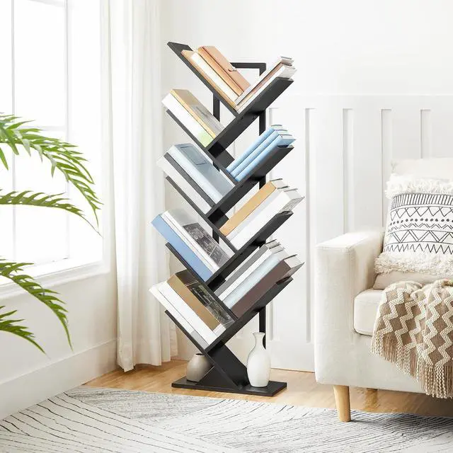 Alt view image 2 of 7 - Tree Bookshelf, 9-Tier Bookcase Wooden Shelves, Floor Standing Storage Rack, for Display of CDs, Books in Living Room, Home Office, Wood Storage Rack for Bedroom, Black BB08SJ01G1