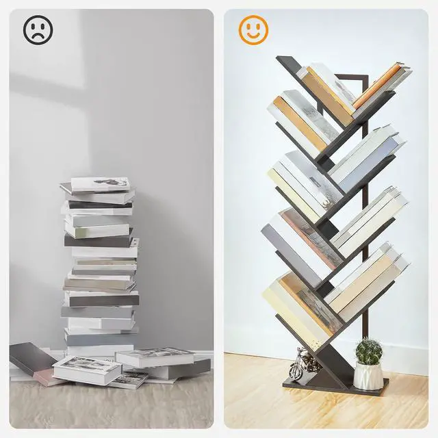 Alt view image 5 of 7 - Tree Bookshelf, 9-Tier Bookcase Wooden Shelves, Floor Standing Storage Rack, for Display of CDs, Books in Living Room, Home Office, Wood Storage Rack for Bedroom, Black BB08SJ01G1