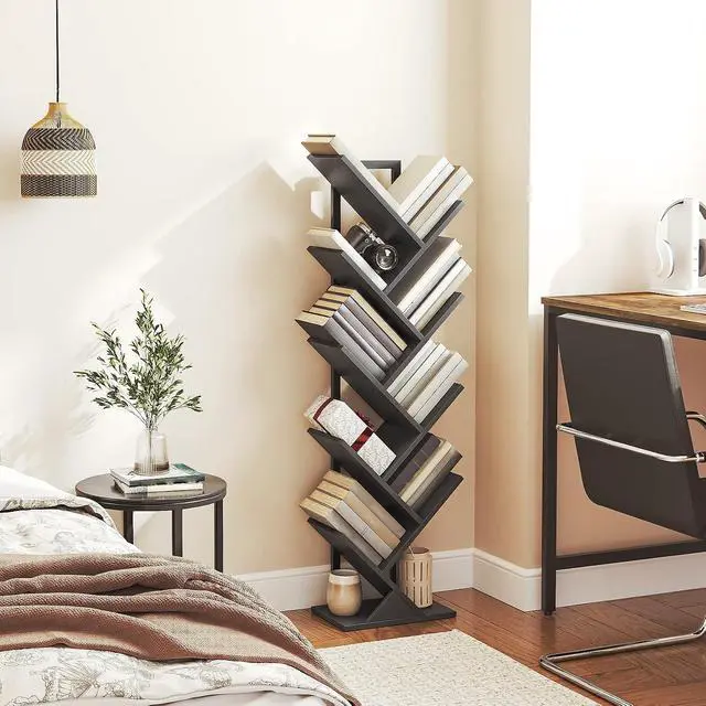 Alt view image 4 of 7 - Tree Bookshelf, 9-Tier Bookcase Wooden Shelves, Floor Standing Storage Rack, for Display of CDs, Books in Living Room, Home Office, Wood Storage Rack for Bedroom, Black BB08SJ01G1