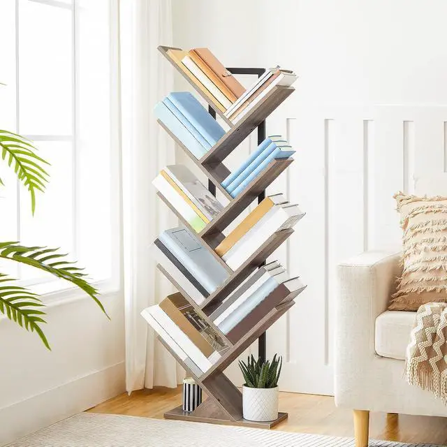 Alt view image 2 of 7 - Tree Bookshelf, 9-Tier Bookcase Wooden Shelves, Floor Standing Storage Rack, for Display of CDs, Books in Living Room, Home Office, Wood Storage Rack for Bedroom, Greige BG08SJ01G1