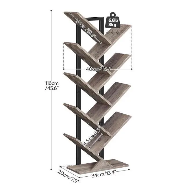 Alt view image 3 of 7 - Tree Bookshelf, 9-Tier Bookcase Wooden Shelves, Floor Standing Storage Rack, for Display of CDs, Books in Living Room, Home Office, Wood Storage Rack for Bedroom, Greige BG08SJ01G1