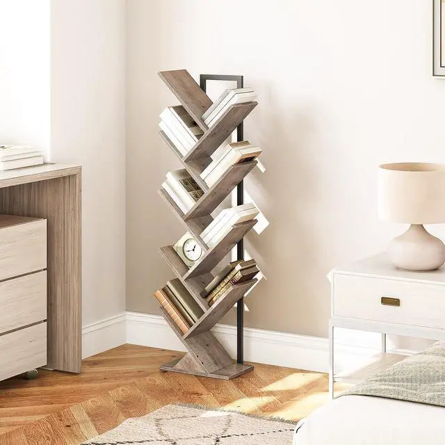 Alt view image 4 of 7 - Tree Bookshelf, 9-Tier Bookcase Wooden Shelves, Floor Standing Storage Rack, for Display of CDs, Books in Living Room, Home Office, Wood Storage Rack for Bedroom, Greige BG08SJ01G1