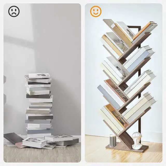 Alt view image 5 of 7 - Tree Bookshelf, 9-Tier Bookcase Wooden Shelves, Floor Standing Storage Rack, for Display of CDs, Books in Living Room, Home Office, Wood Storage Rack for Bedroom, Greige BG08SJ01G1